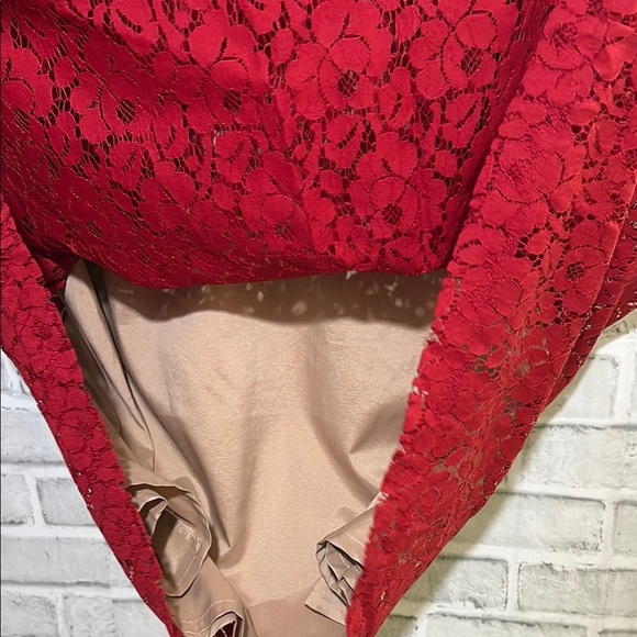 Adrianna Papell Midi Dress Lace Overlay Ruby Red Flare Holiday Event Size 8 - Picture 5 of 8